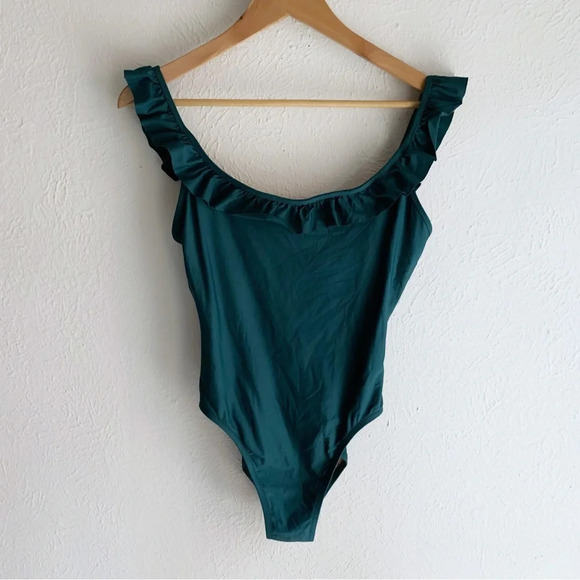 J. Crew Ruffled scoopback one-piece swimsuit Brilliant Turquoise NWT Sz 8 - Picture 2 of 6
